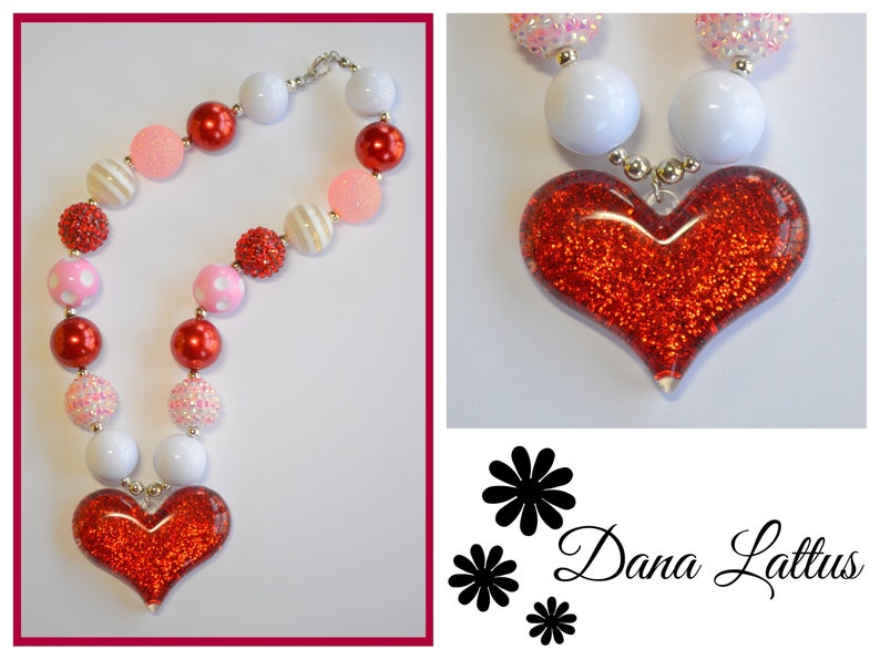 Red Glitter Heart Chunky Gumball Necklace