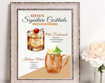 Cócteles exclusivos, letrero de bebidas, letrero de fiesta de dos bebidas, personalice y personalice
