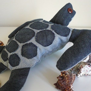 Sewing PATTERN TUTORIAL PDF Upcycled Denim Stuffed Animal Plush Sea Turtle Toy Repurposed