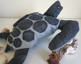 Sewing PATTERN TUTORIAL PDF Upcycled Denim Stuffed Animal Plush Sea Turtle Toy Repurposed