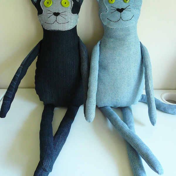 PDF Sewing Pattern Tutorial Large Upcycled Denim Stuffed Animal Cat Plush Repurposed