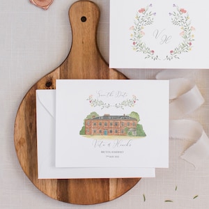 Personalised wedding venue watercolour save the date - hand painted - watercolor - bespoke wedding illustrations