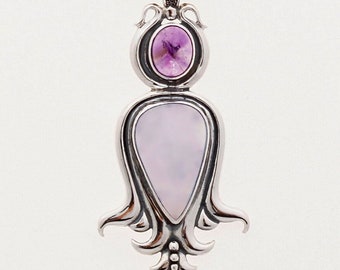 Flower 8 - One-of-a-Kind, Hand made, Sterling Silver with Amethyst and Chalcedony Pendant