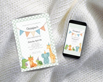 Invitación de cumpleaños con animales acogedores, plantilla editable de Canva para niños (descarga digital), invitación para fiesta infantil,