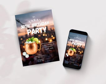 Invitación para cóctel de cumpleaños número 30 / Plantilla moderna editable de Canva (Descarga digital)