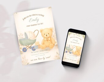 Invitación vintage para baby shower con osito de peluche, invitación en acuarela para futura mamá (descarga digital)
