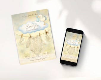 Invitación para baby shower con diseño de cigüeña en acuarela, plantilla editable de Canva (tamaño 5x7 y para móviles)