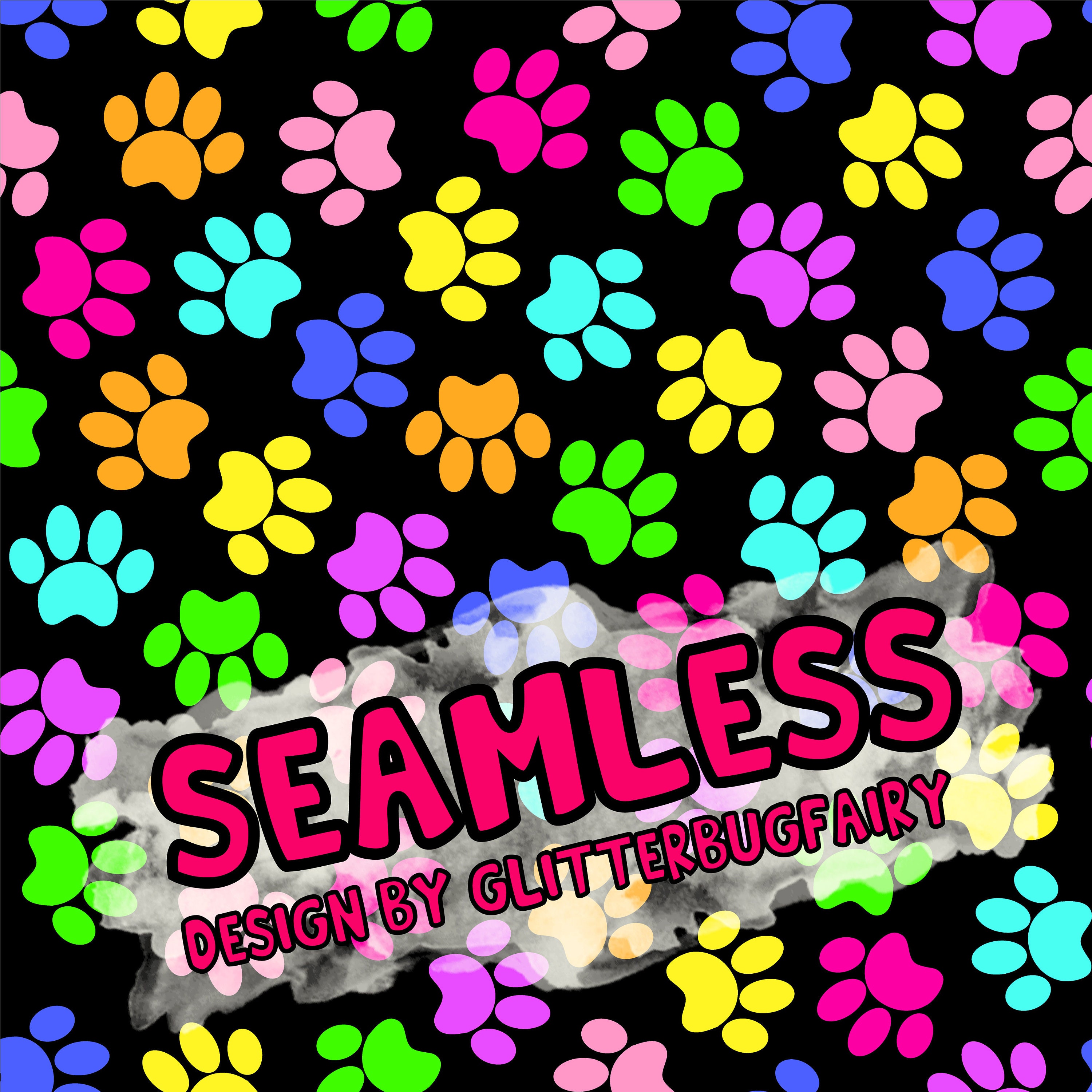Seamless Design Puppy Dog Paw Prints on black digital paper