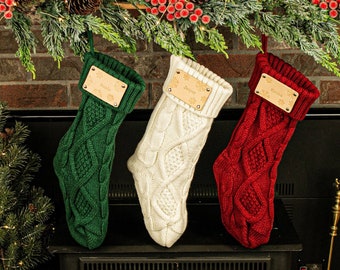Personalized Christmas Stockings - Custom Name, Handmade, Red, Green, White - Custom Leather Tag - Holiday Decor, Cable knit stockings