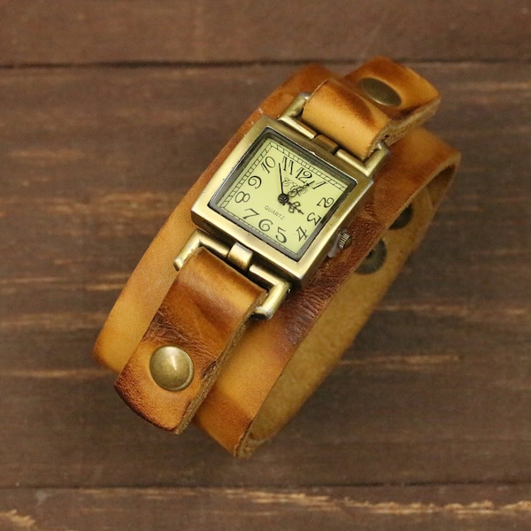 Marron Retro Cuir Manchette Carrée Montre Antique Bronze Cuir Bracelet Montre Poignet Vintage Cuir Montre Véritable Peau de Vache Cuir Montre Bracelet