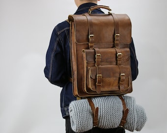 Lederrucksack Reise Laptop Rucksack Herren HandgenähtEr Lederrucksack Satchel Herren Rucksack Leder Computer Rucksack Aktentasche für Männer