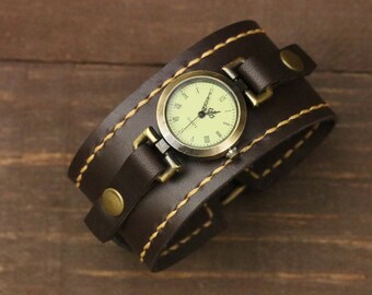 Leather cuff watch for women Women round watch Dark brown leather watch Summer trending gifts Women watch wrist Hand stitched watch band