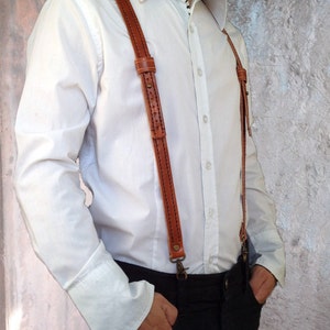 Mens leather suspenders personalized Hand stitched leather suspenders Groomsmen suspenders for wedding Brown leather mens braces for grooms