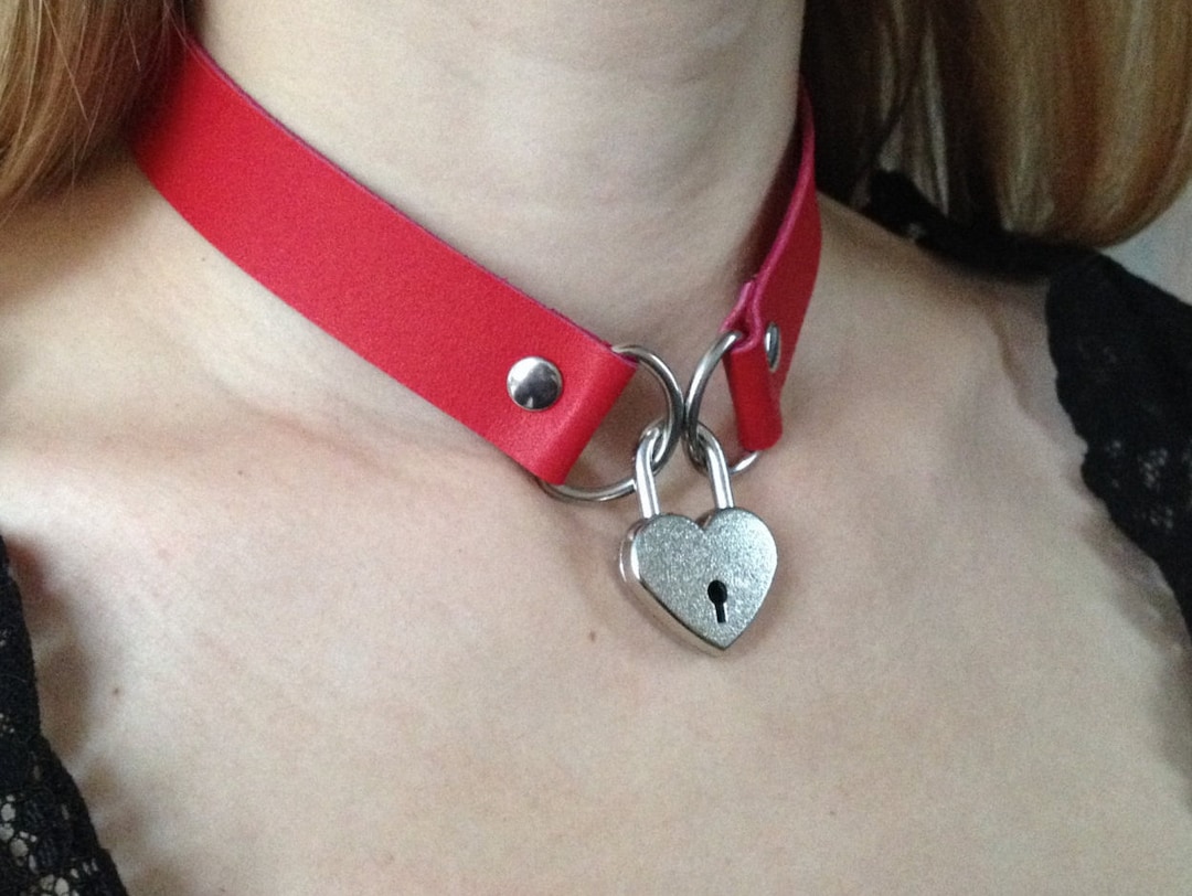 Red Leather Choker Leather Collar Necklace Red Heart Choker BDSM Choker ...