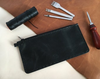 Black zipper pouch Woman leather pouch Slim leather wallet for women Black leather make up bag Slim cosmetic bag Hand sewn leather pouch