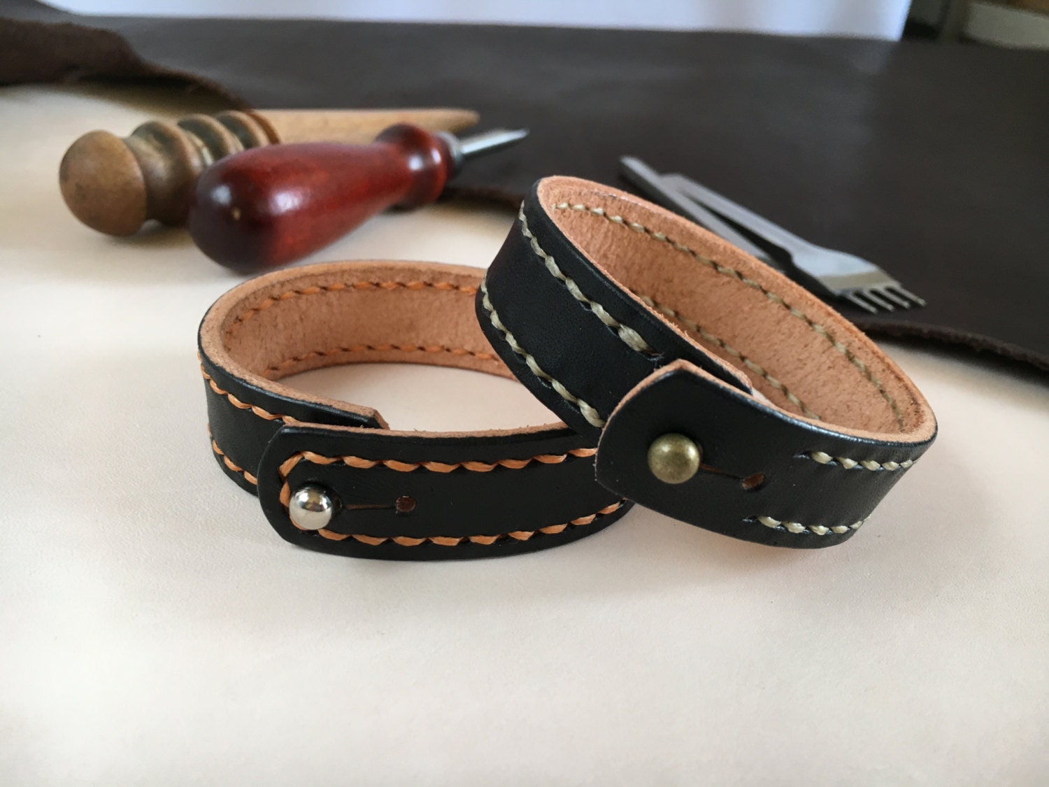 Leather Cuff Bracelet Hand Stitched 