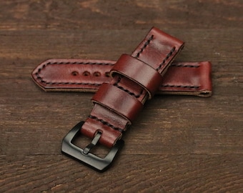 Burgundy Leather Watch Band with Black PVD Buckle, Handmade personalized watch band for Panerai Luminor Marina Radiomir PAM watches