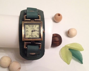 Retro Leather Cuff Square Watch Antique Bronze Leather Bracelet Watch Wrist Vintage Leather Watch Green Genuine Cowhide Leather Watch Band