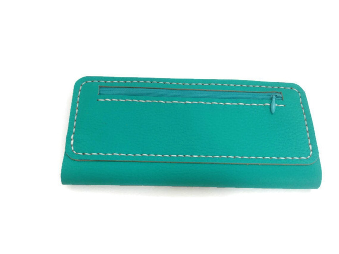 Urban Forest Women's Leather Wallet - Blue/Mint Green Full Grain Leather, Multiple Card Slots & Zippered Compartment - View #7