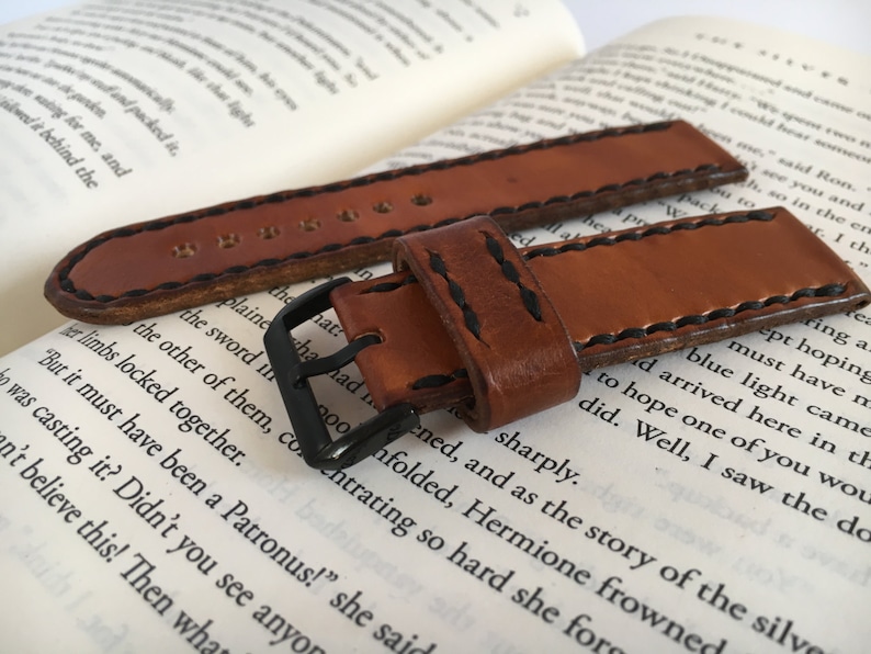 Brown leather watch strap hand stitched with black thread Black PVD buckle watch strap 18 mm 20 mm watch strap 22 mm 24 mm Mens watch band image 1