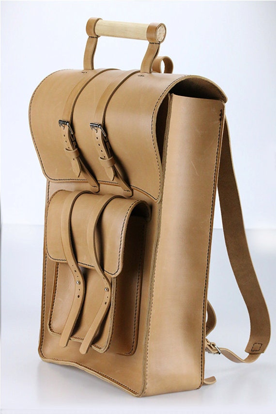 beige leather backpack
