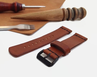 Brown leather watch strap Black PVD buckle Custom leather watch band Vegetable tanned leather watch strap 16 mm 18 mm 20 mm 22 mm watch band