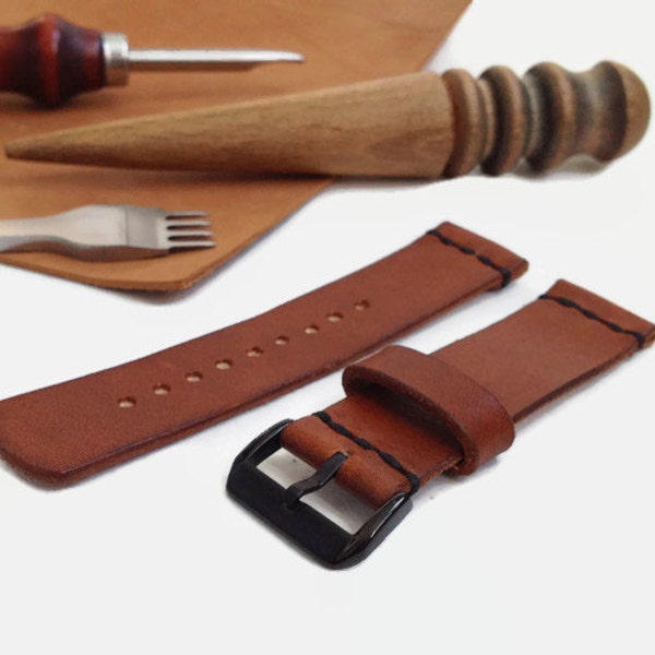 Brown leather watch strap Black PVD buckle Custom leather watch band Vegetable tanned leather watch strap 16 mm 18 mm 20 mm 22 mm watch band