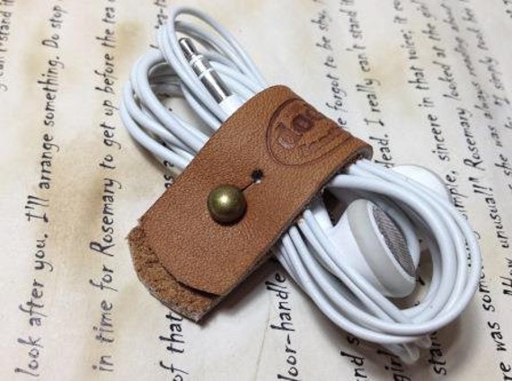 Cable Clip Leather Earphone Holder Leather Ear Buds Holder Leather Cord  Organizer Light Brown Leather Cord Tie Leather Wrap Holder 