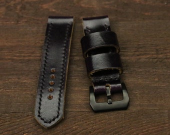 Handmade Premium Harness Leather Watch Band in Black with Black PVD Buckle, Custom watch band for Panerai Luminor Marina Radiomir PAM watch