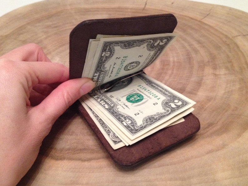 Leather Money Clip Money Holder Wallet Genuine Leather Dark Brown Color Handstitched Mens Gift Womens Gift image 2