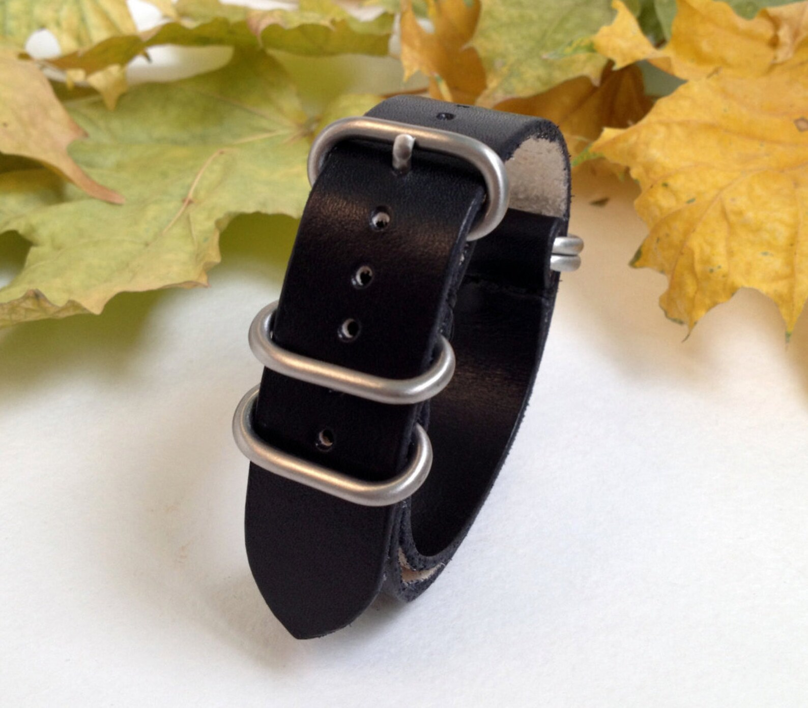 Black leather nato watch strap 5 rings Military watch strap 20 Etsy