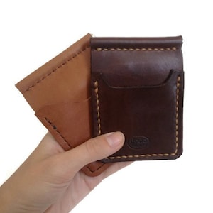 Lederen geld clip kaart houder lederen cash houder geld houder geld clip handstitched Pocket slim lederen portemonnee licht bruin / donker bruin
