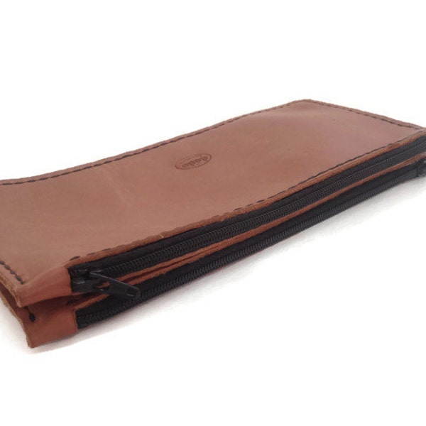 Women leather wallet purse leather clutch two zippers Cognac brown leather clutch hand stitched Women leather coin pouch Slim cosmetic pouch