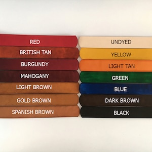 May include: Leather color chart with 14 different colors, including red, British tan, burgundy, mahogany, light brown, gold brown, Spanish brown, undyed, yellow, light tan, green, blue, dark brown, and black.