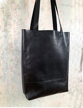 Black Leather Tote Bag Simple Leather Shopper Leather Tote Bag - Etsy
