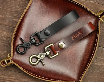 Personalized Leather Key Holder with Matte Black Hardware and Custom Initials - Handmade Keychain for Men and Women, Monogrammed Key Fob