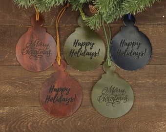 Leather Christmas Ornaments Big, Merry Christmas ornaments, Happy Holidays ornaments Leather Engraved, Navy Ornament. Olive green ornament