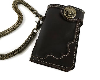 Men&#39;s leather chain wallet Skull men leather wallet bifold Dark brown rider wallet Biker wallet mens leather Biker wallet chain hand stitch