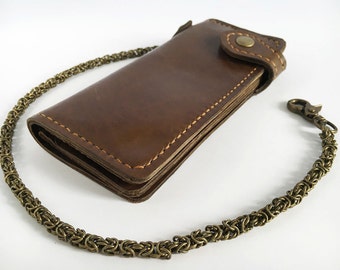 Leather biker wallet dark brown Long leather chain wallet Byzantine chain wallet Leather trucker wallet Hand woven chain Motorcycle wallet