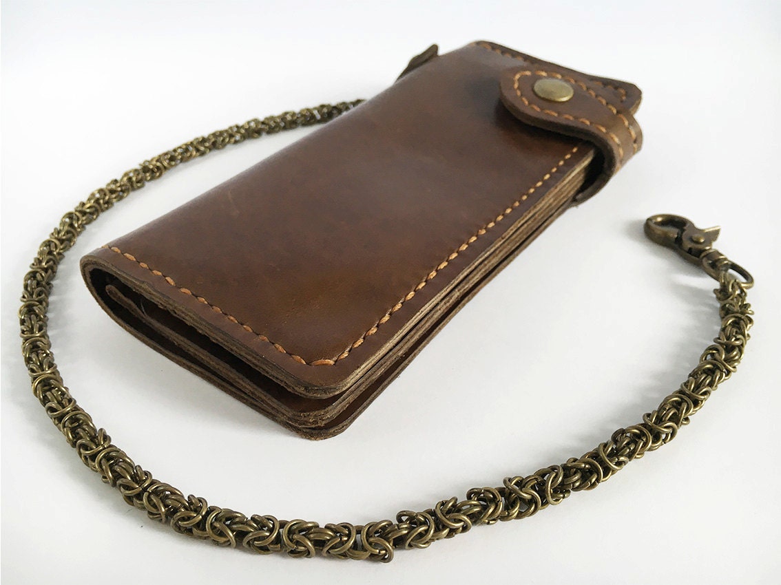 Cartera de motociclista de cuero marron oscuro Cartera de cadena de cuero largo Cartera de cadena bizantina Cartera de camion de cuero Cadena tejida a mano Cartera de motocicleta Etsy Espana