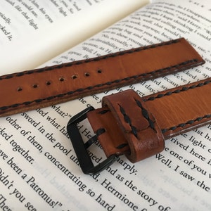 Brown leather watch strap hand stitched with black thread Black PVD buckle watch strap 18 mm 20 mm watch strap 22 mm 24 mm Mens watch band image 2