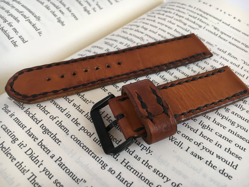 Brown leather watch strap hand stitched with black thread Black PVD buckle watch strap 18 mm 20 mm watch strap 22 mm 24 mm Mens watch band image 2
