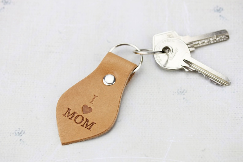 I love Mom key chain Mother keychain leather Mother day gift Leather key fob hand stamped Mom birthday gift Leather key ring Gift for mom image 1