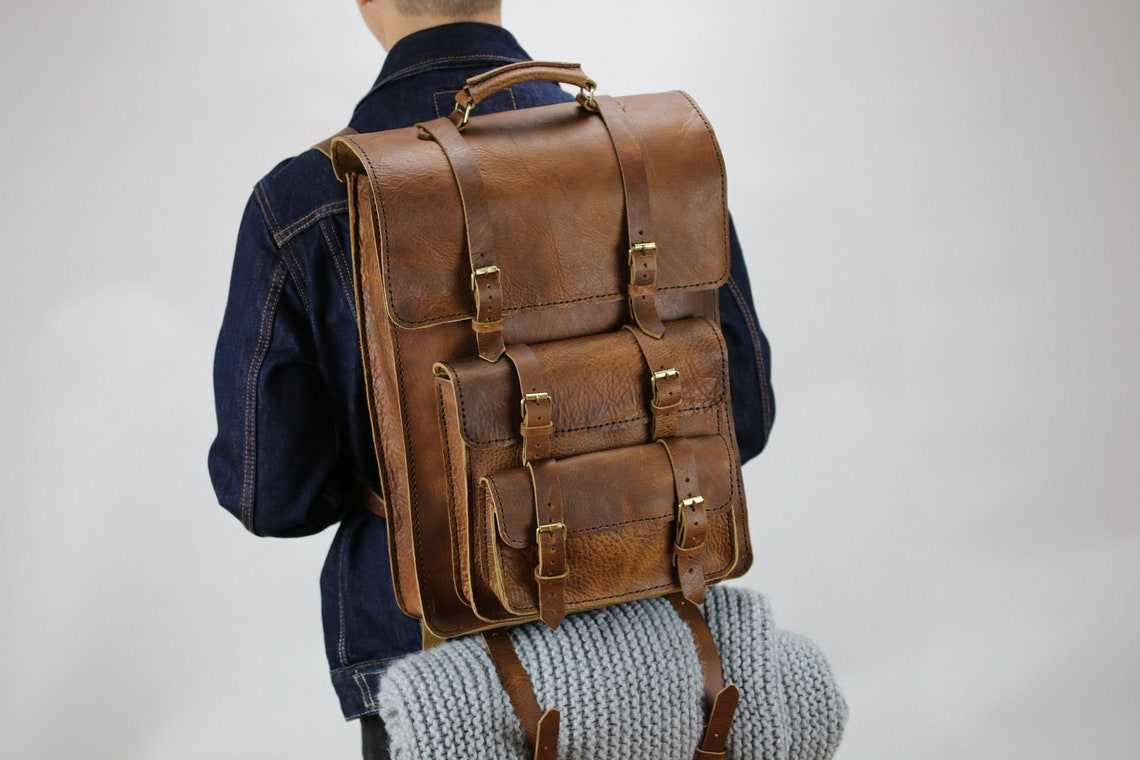 Leather backpack travel Laptop backpack men Hand stitched Etsy