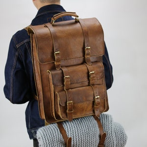 Leather backpack travel Laptop backpack men Hand stitched leather backpack satchel Men rucksack leather Computer backpack briefcase for men image 3