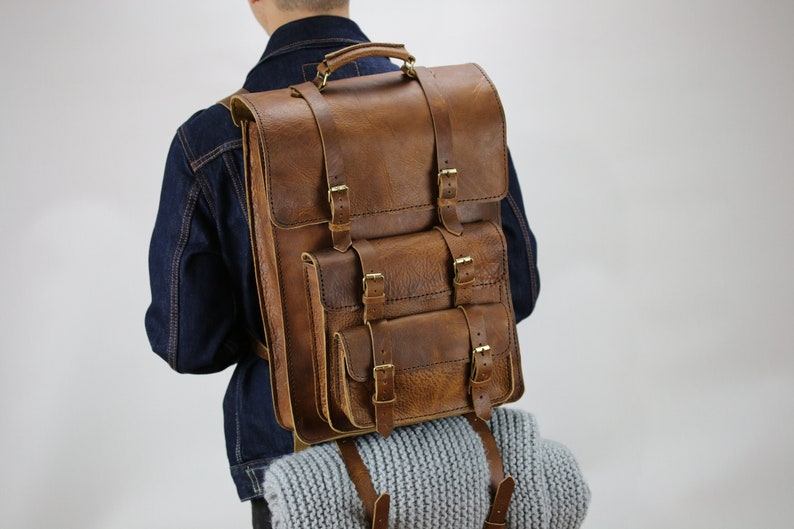 Leather backpack travel Laptop backpack men Hand stitched leather backpack satchel Men rucksack leather Computer backpack briefcase for men image 3