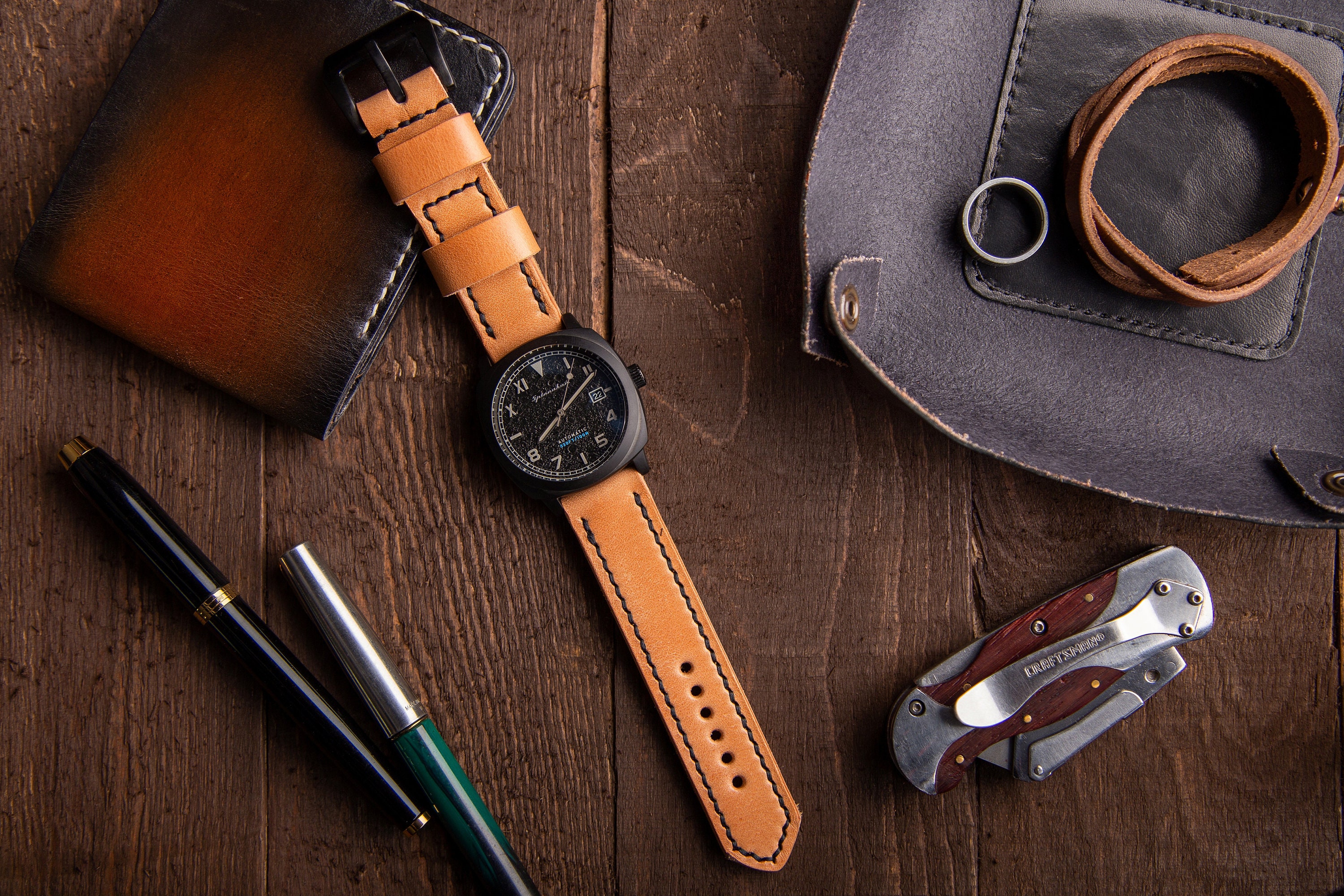 Natural Tan Leather Watch Band With Black PVD Buckle and Double Loop Personalized Watch Band Premium Watch Strap Mens Hand Stitched Etsy