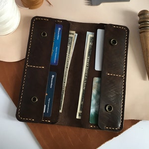 Cartera de cuero largo minimalista cartera de cuero personalizada Hombres cartera de cuero chocolate marrón cuero hecho a mano cartera de cuero para las mujeres