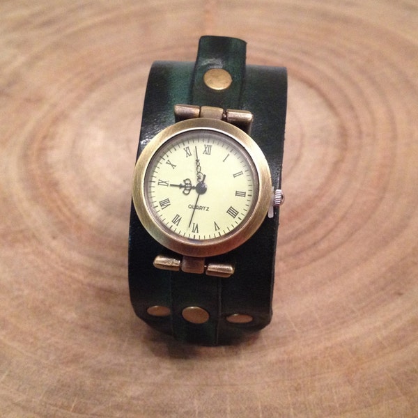 Verde retro cuero puño redondo reloj antiguo bronce pulsera pulsera reloj muñeca vintage cuero reloj genuino cuero cuero banda