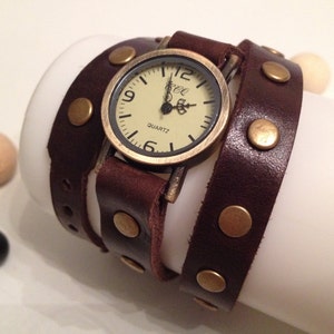 Retro Leather Wrap Watch Antique Bronze Leather Bracelet Watch Wrist Leather Watch Vintage Leather Watch Dark Brown Genuine Cowhide Leather